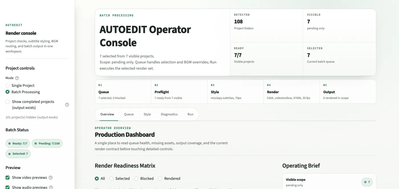 AutoEdit operator console showing batch processing status, readiness steps, render queue, and output controls