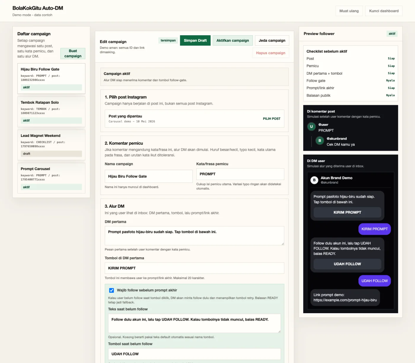 IG AutoDM campaign console showing campaign list, trigger setup, DM message fields, and follower preview